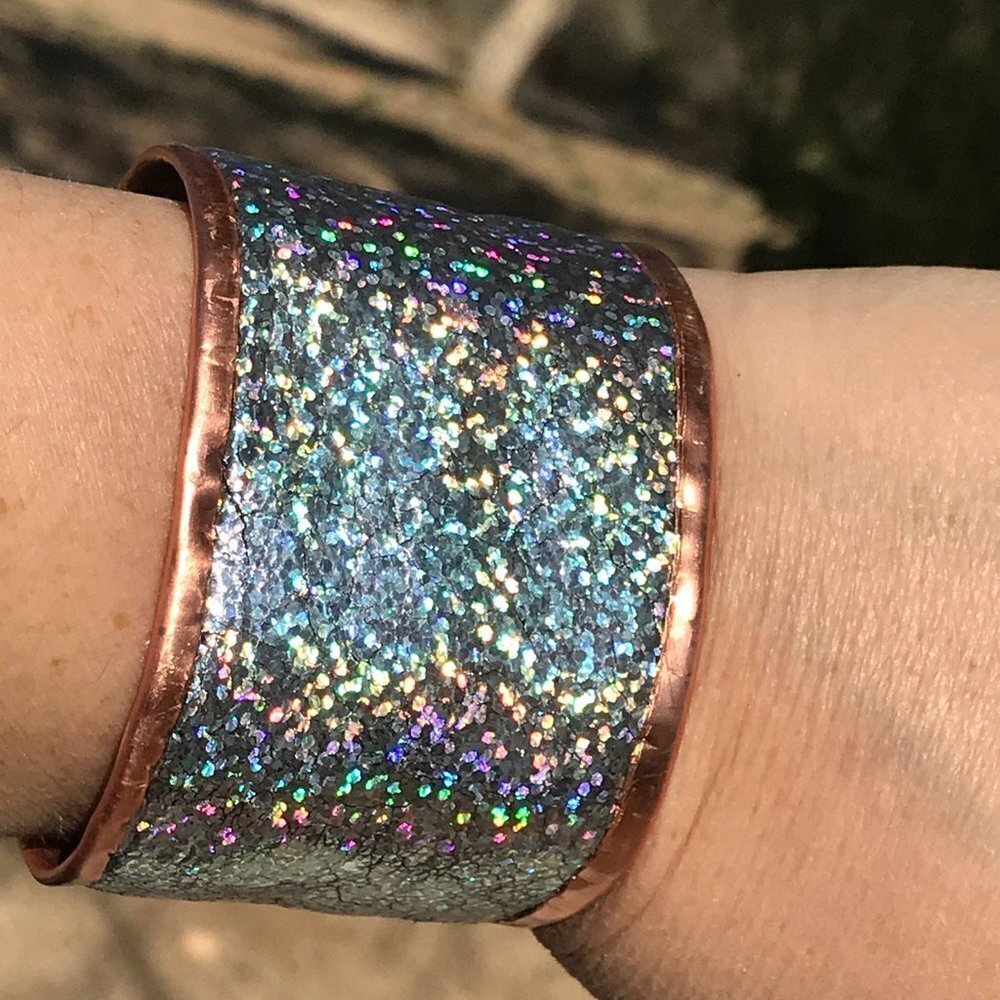 Genuine Leather Holographic Copper Cuff Bracelet Real Hologram (not Glitter) - Picture 5 of 16